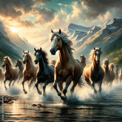 A herd of untamed horses galloping through a stream with rocks and trees surrounding them. photo