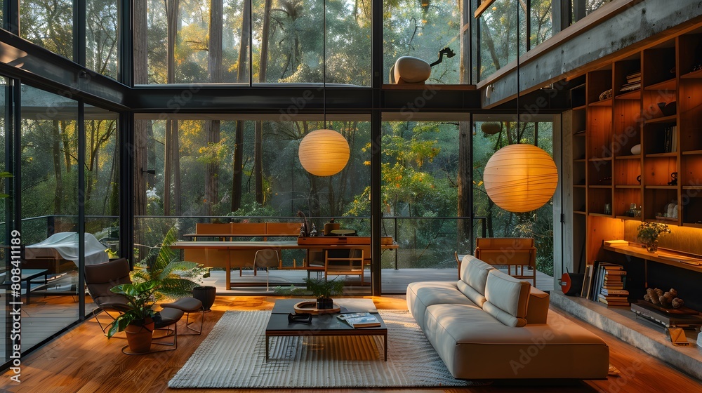 A chic loft-style living room with retro-inspired furniture, sculptural lighting, and a spacious deck overlooking the forest.