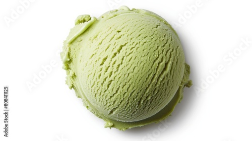 Single scoop of green tea Ice Cream on white Background, top view