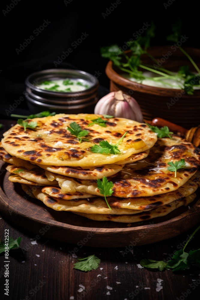 Food Photography Concept: Indian flatbread stuffed with potatoes, aloo paratha, served with butter or curd.