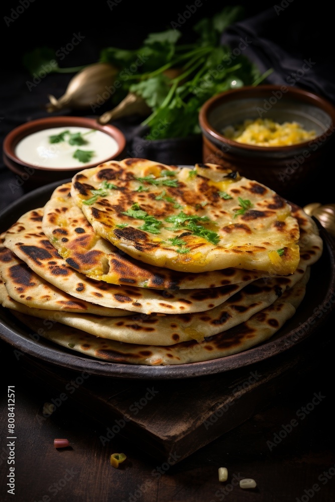Food Photography Concept: Indian flatbread stuffed with potatoes, aloo paratha, served with butter or curd.