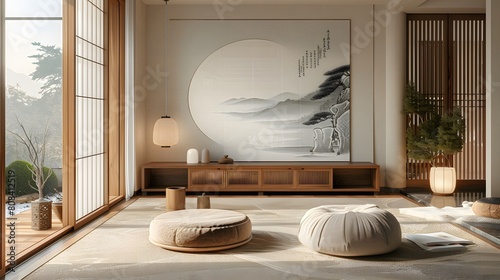 A contemporary Japanese living room with a wooden sideboard under a large sumi-e painting, with tatami mats and a floor cushion.