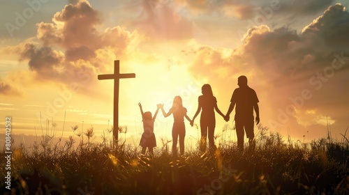 Silhouette of family walking towards a Cross in the sunset