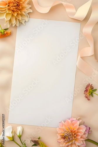 Charming greeting card invitation isolated empty space enhanced with ribbon and flower decoration