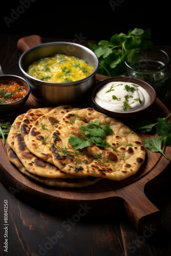 Food Photography Concept: Indian flatbread stuffed with potatoes, aloo paratha, served with butter or curd.