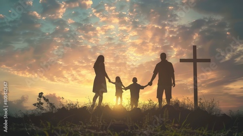Silhouette of family walking towards a Cross in the sunset