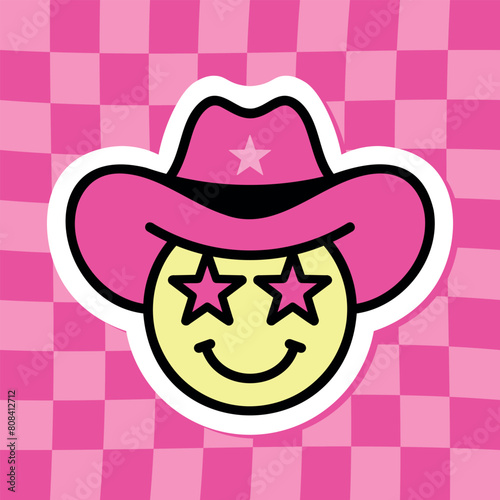 star eyes cowboy emoji, hot pink groovy sticker, black outline, cute sticker on groovy background, retro style vector illustration