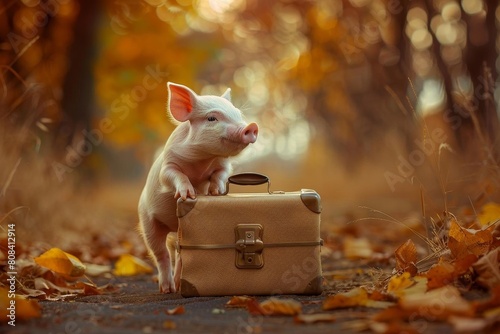 A piglet holding a suitcase, ready for an adventure photo