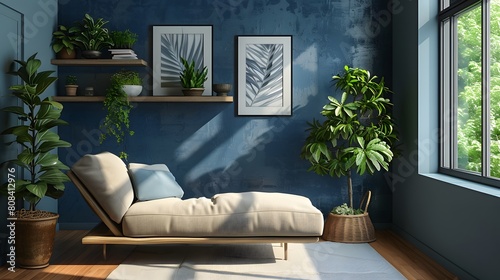 A cozy loft living room featuring a contemporary chaise lounge, a floating shelf with potted plants, and a blue stucco accent wall adorned with minimalist art prints. photo