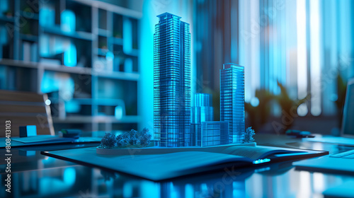 A blue building model sits on a table in front of a computer monitor