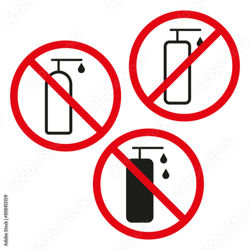 Vector red prohibition sign. No dispenser. Liquid soap ban. Cleanliness alert.