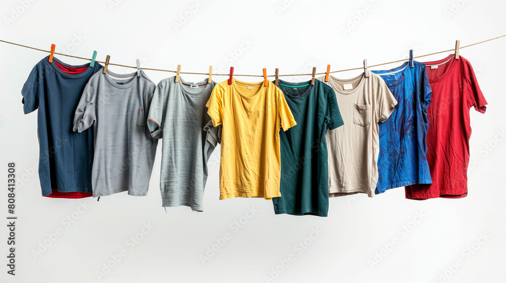 The clothesline is strung horizontally, and the T-shirts are attached with clothespins on white background