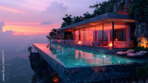 A cubic glass villa perched on a hillside, with a modern swimming pool illuminated by soft lights and reflecting the fiery colors of sunset.