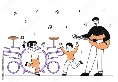 Children dancing at music vector simple
