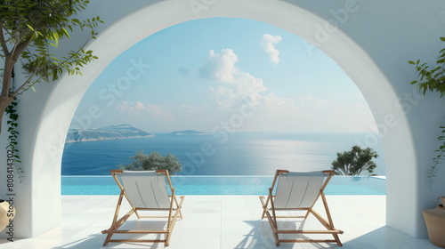 A pair of lounge chairs are set up on a balcony overlooking the ocean photo