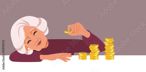 Mature Woman Counting Retirement Money Vector Illustration. Joyful granny accumulating savings for dark times
