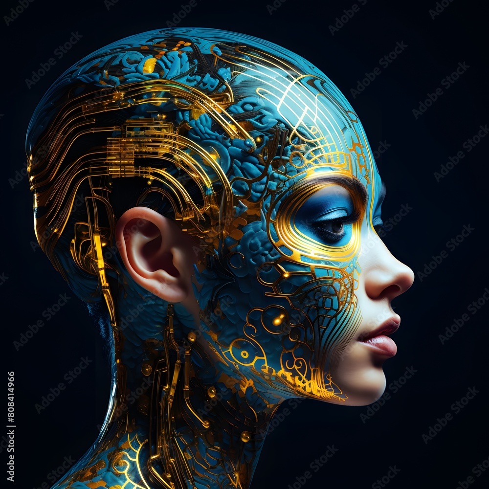 Attractive female humanoid robot with circuitry visible in her head. Generative AI. Attractive female humanoid robot with circuitry visible in her head. Generative AI.