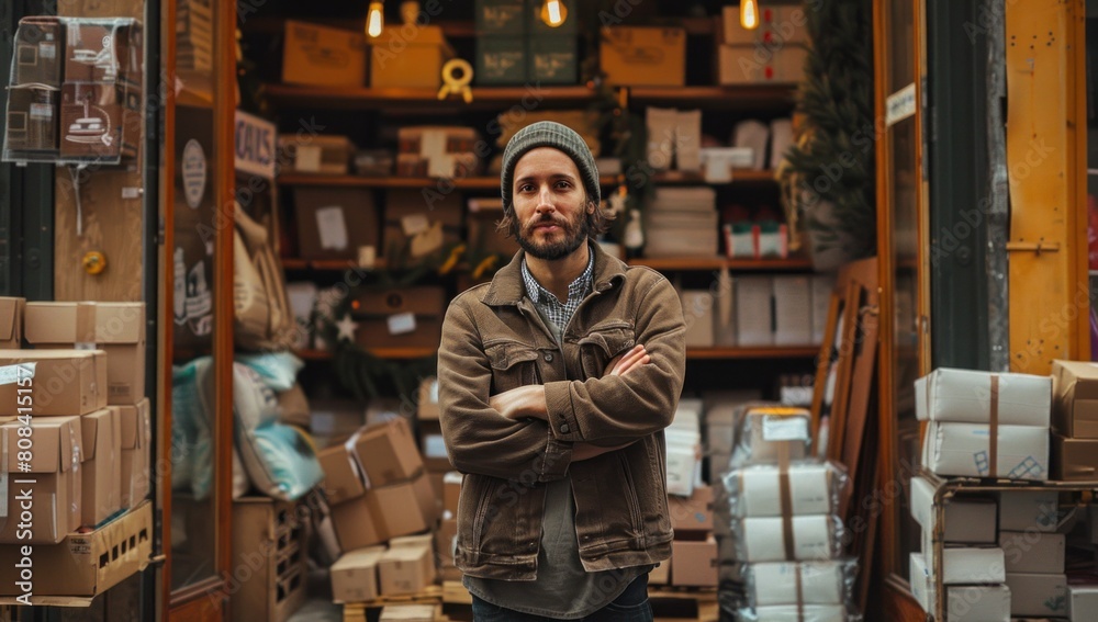 An inspiring image of a small business owner standing proudly in front of their storefront, surrounded by packages ready to be shipped to destinations around the world. An inspiring image of a small business owner standing proudly in front of their storefront, surrounded by packages ready to be shipped to destinations around the world.