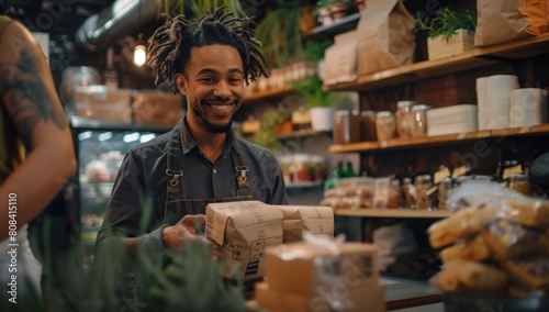 An engaging image of a small business owner chatting warmly with a customer while packaging their order, highlighting the personalized and friendly service they provide. photo