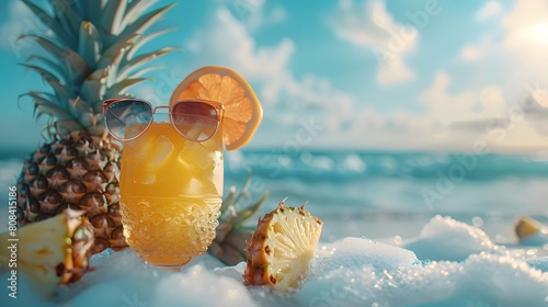 A fresh summer concept featuring sunglasses, a pineapple, and a tropical cocktail with a background of soft ocean waves.