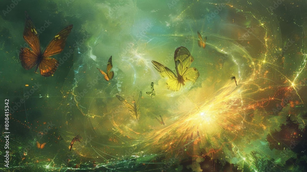 Butterflies dancing around a mystical energy core in a surreal landscape Butterflies dancing around a mystical energy core in a surreal landscape