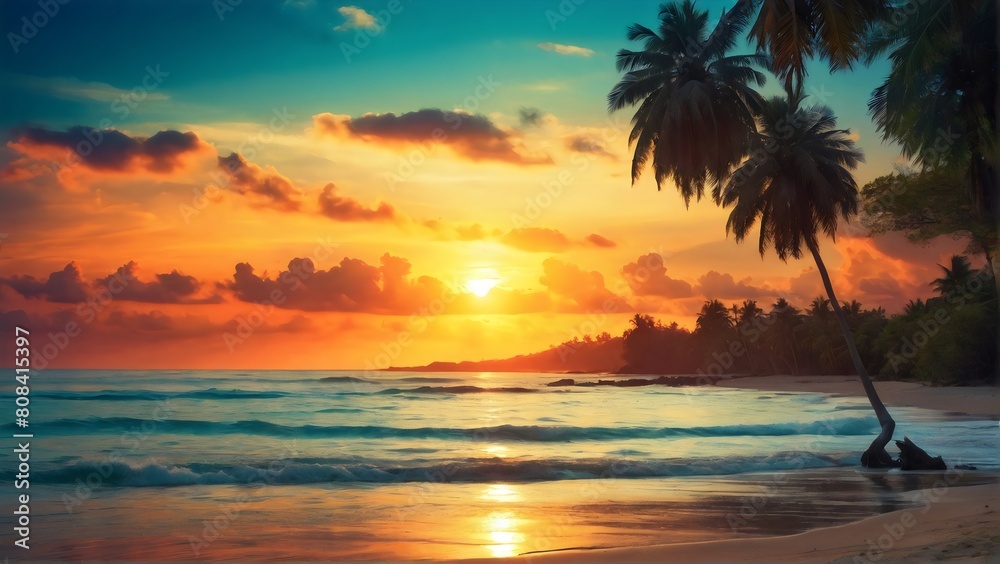 Beautiful sunset beach landscape, exotic tropical island nature