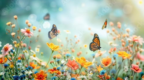 Butterflies dancing around blooming flowers on a vibrant spring day