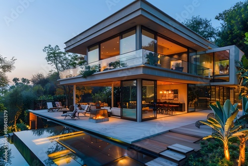 A futuristic cubic house with full-height glass walls, and a front yard designed with sleek decking and integrated lighting for nighttime elegance.