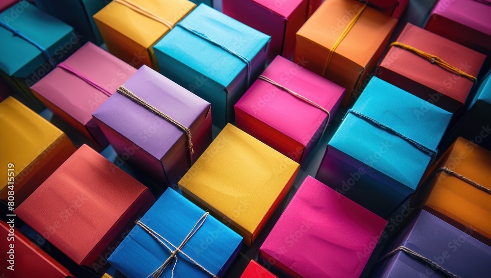 A vibrant overhead shot of colorful shipping boxes neatly stacked and ready for delivery, symbolizing efficiency and organization in small business logistics. A vibrant overhead shot of colorful shipping boxes neatly stacked and ready for delivery, symbolizing efficiency and organization in small business logistics.