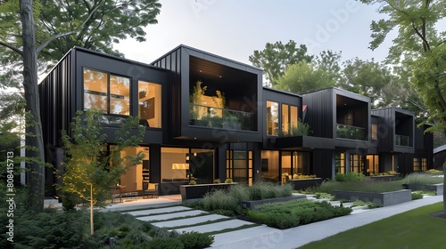 A group of contemporary black townhouses featuring cantilevered upper floors, floor-to-ceiling windows, and a sleek concrete pathway leading up to the entrances. © Love Mohammad