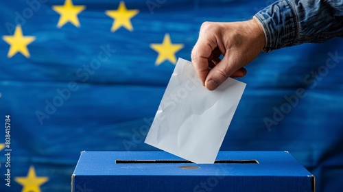 person voting in a box with the flag of the European Union in high resolution and quality photo