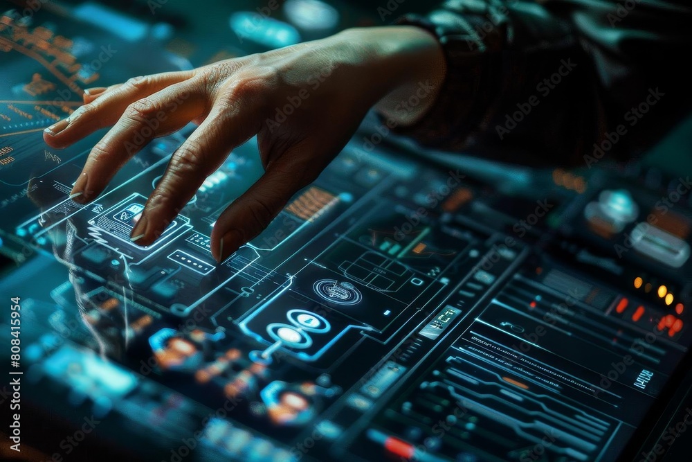 Closeup of a hand interfacing with a futuristic technology panel, highlighting tactile interaction with digital systems Closeup of a hand interfacing with a futuristic technology panel, highlighting tactile interaction with digital systems