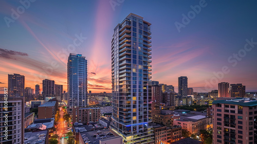 Downtown Condo Living: A modern condominium tower standing tall in the heart of the bustling city center. photo