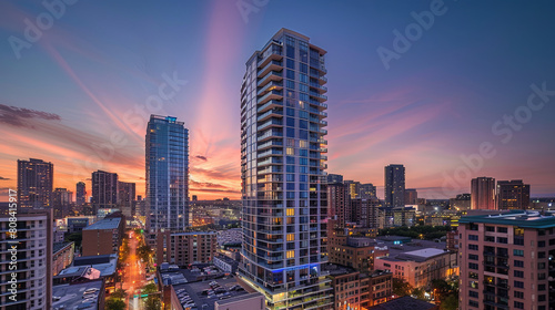 Downtown Condo Living: A modern condominium tower standing tall in the heart of the bustling city center.