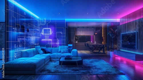 Technology Concept  Futuristic smart home with neon lighting and digital overlay