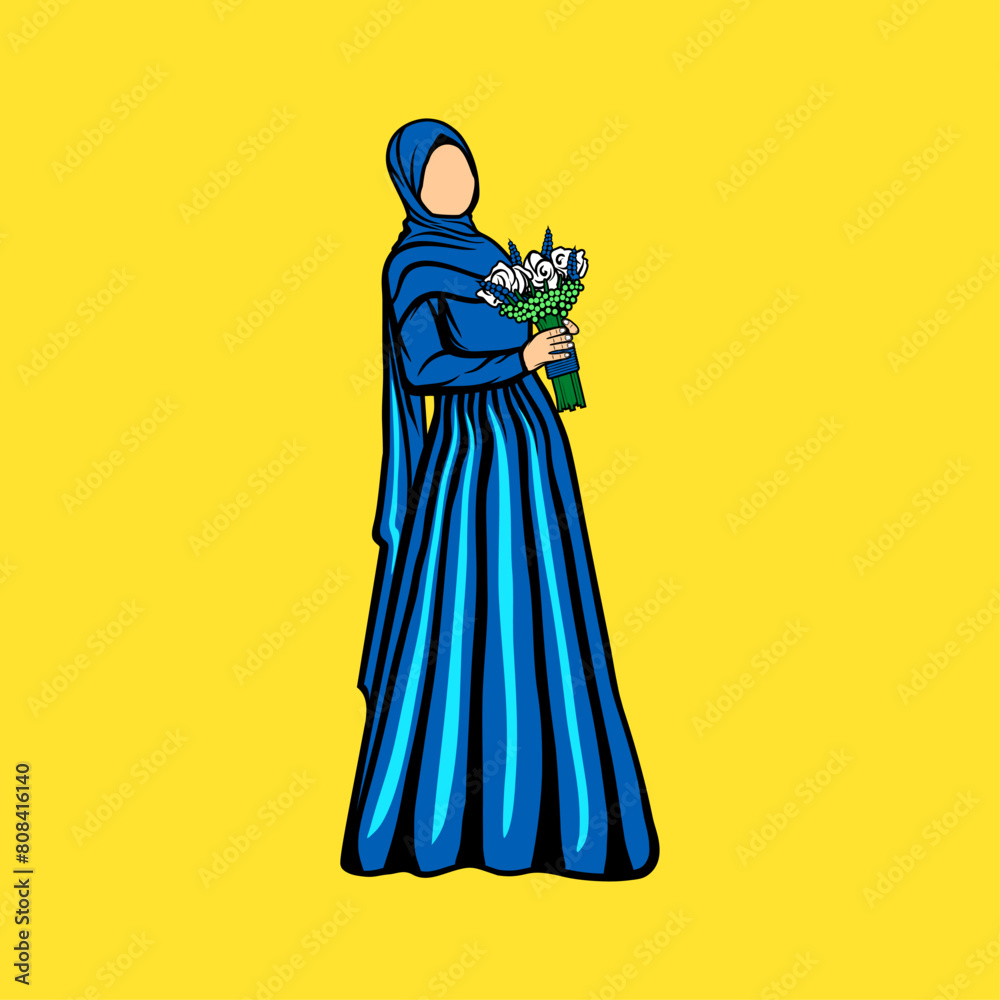 faceless Islamic Muslim woman wearing a blue dress and carrying flowers cartoon vector illustration faceless Islamic Muslim woman wearing a blue dress and carrying flowers cartoon vector illustration