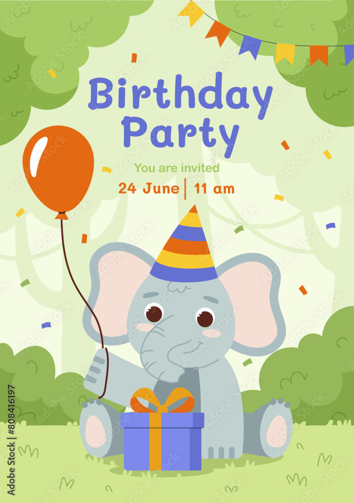 Obraz premium Elephant birthday party vector card