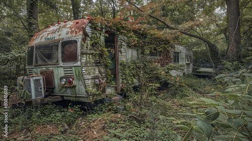 Contrast of nature's reclaiming power as vines envelop a decrepit trailer and camper in a junkyard, raw and untamed atmosphere