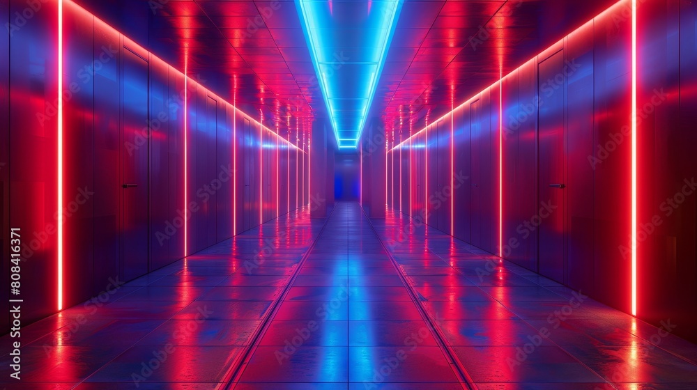 Futuristic corridor illuminated by neon lights in blue and red