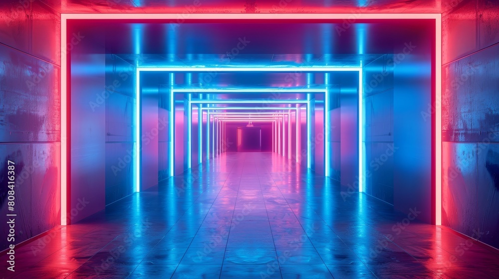 Futuristic corridor illuminated by neon lights in blue and red