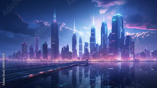 Futuristic cyberpunk cityscape with neon lights and skyscrapers