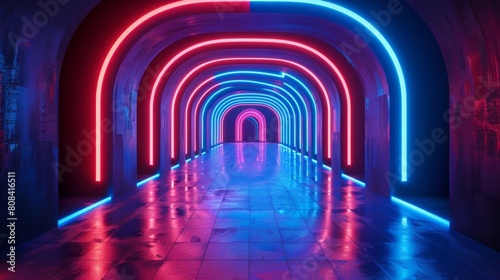 Futuristic corridor illuminated by neon lights in blue and red