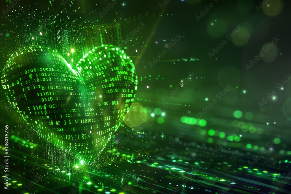 A binary code heart beating rhythmically, pulsing with green light and symbolizing the digital core of life