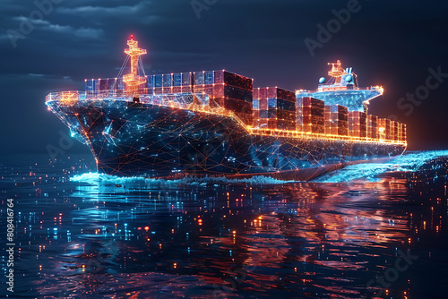  A majestic cargo ship adorned with vibrant containers, navigating the vast ocean, symbolizing global trade and maritime industry