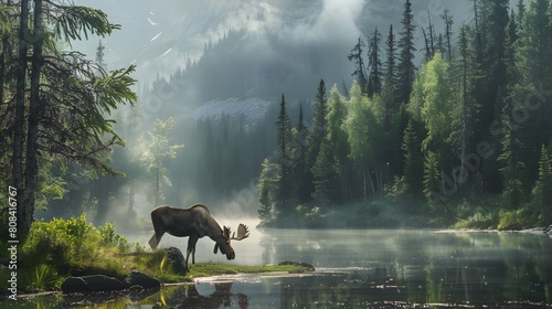 A high-definition 8K image showing a moose grazing near a misty forest pond