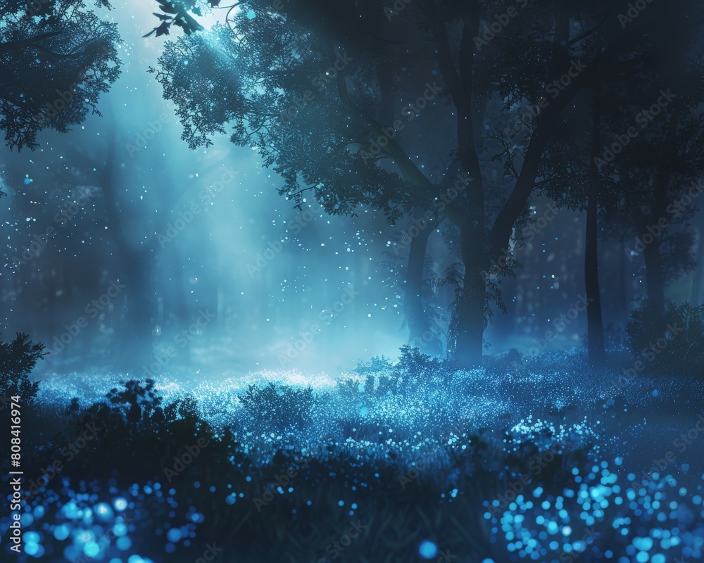 A bioluminescent forest shrouded in a magical fog