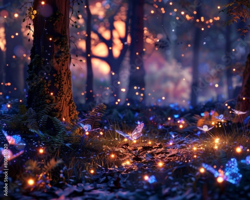A bioluminescent forest floor teeming with glowing insects and creatures