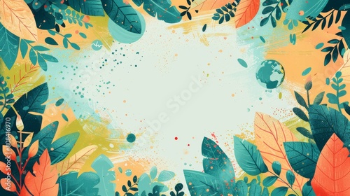 The image shows a colorful floral background with green  blue  orange  and yellow leaves and flowers