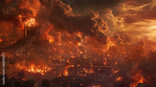 Close view of a city engulfed in hellfire, smoke clouds intertwining with streams of lava, all under a dark sky photo