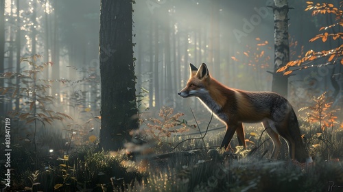 A high-definition 8K image showing a fox hunting in the misty forest with realistic lighting and beautiful sunlight illuminating the trees. photo